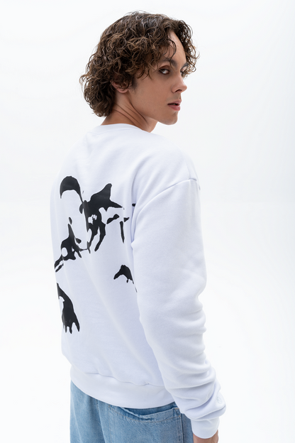 AKANTARA Demon Print Round Neck Sweater in white, featuring a striking demon design, unisex fit