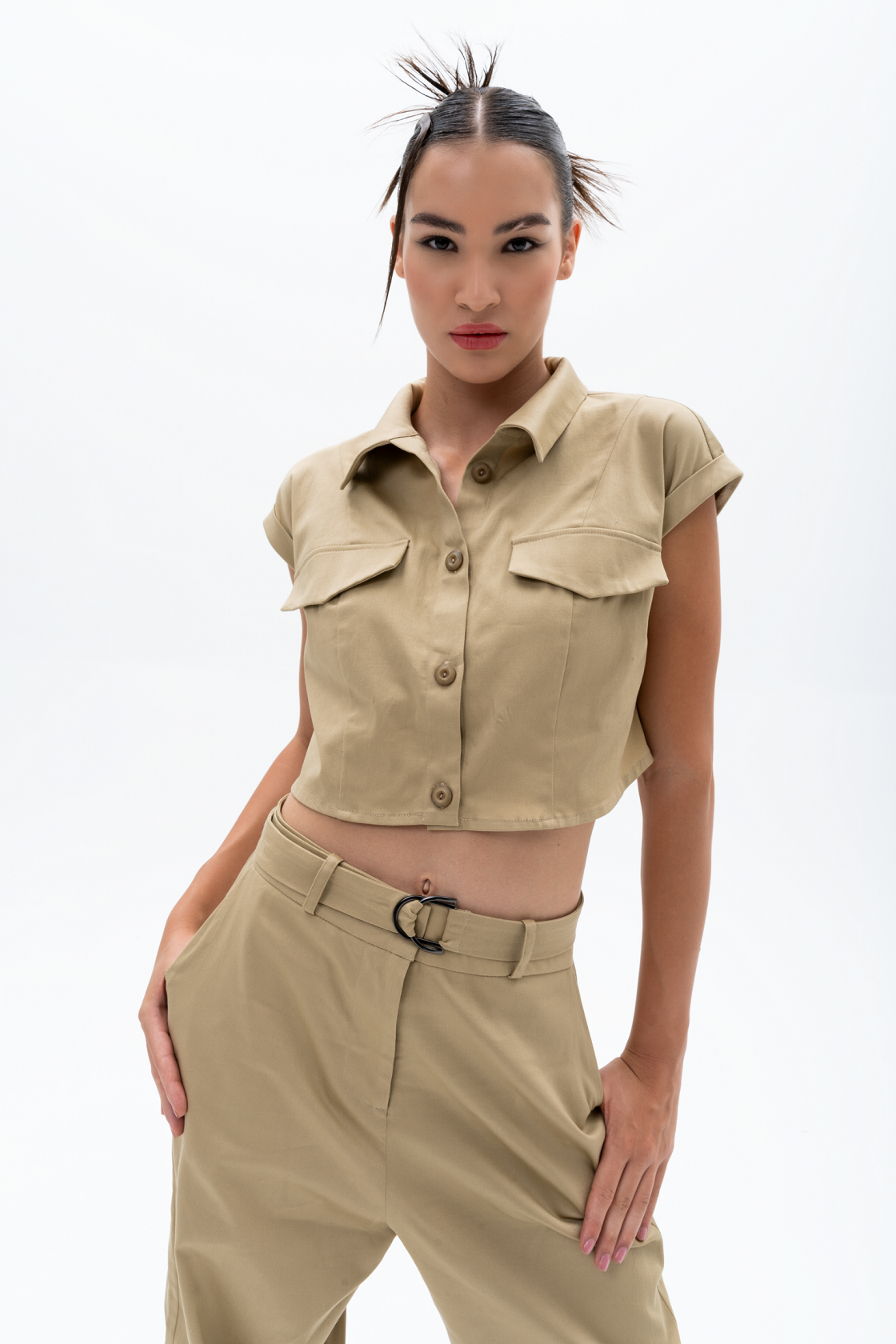 KANTARA Cropped Short Sleeve Vest in navy and brown displayed in various sizes, designed for women